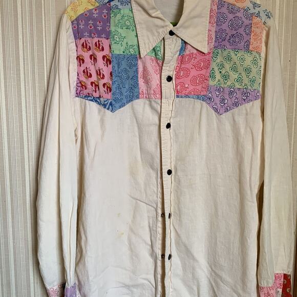 Vintage 60s Woodstock boho patchwork cotton linen shirt flaw